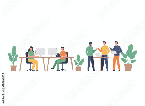 A green office flat vector illustration featuring male and female cartoon co-workers in a comfortable, cozy, domestic corporate environment