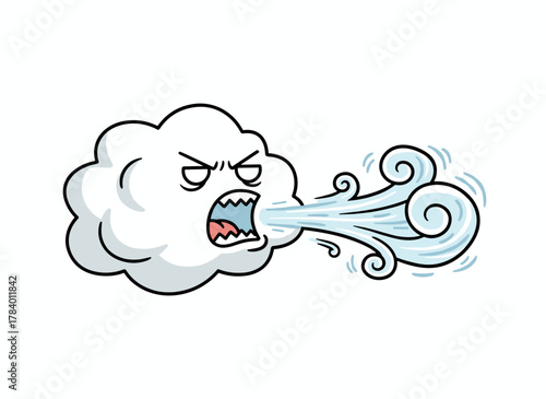 A charming blue cloud sporting a comically angry face as wind blows, serving as a windy weather icon, featuring a sweet baby character exhaling a gust of air, rendered as a playful flat vector