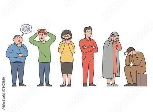 A vector illustration featuring a diverse group of thoughtful men and women, each depicted in a pensive pose—some seated at a table, others touching their heads or chins—against a white background