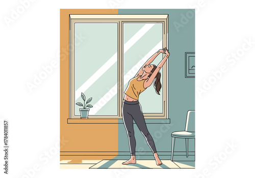 Morning stretch in cozy home interior with sunlit window and potted plant