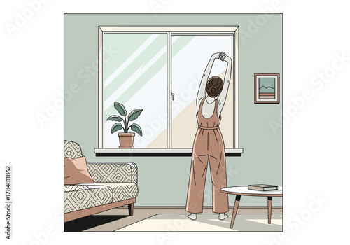 Cozy morning stretch at home by the window with indoor plant and minimalist decor