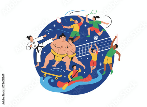 A diverse, international group of athletes, spanning sports such as baseball and fencing, forms a multi‑ethnic community illustrated in a flat vector style