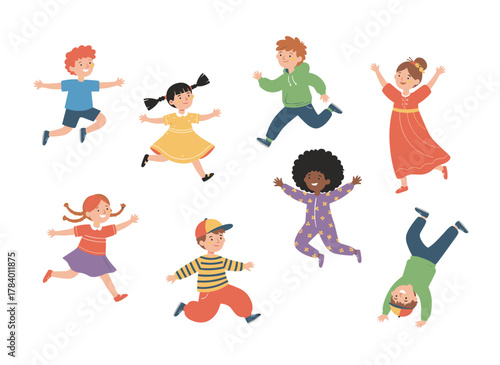 Joyful, energetic children engaged in playful activities, leaping, sprinting, and moving with vigor, featuring charming girls and boys in lively poses, rendered as flat vector illustrations against a