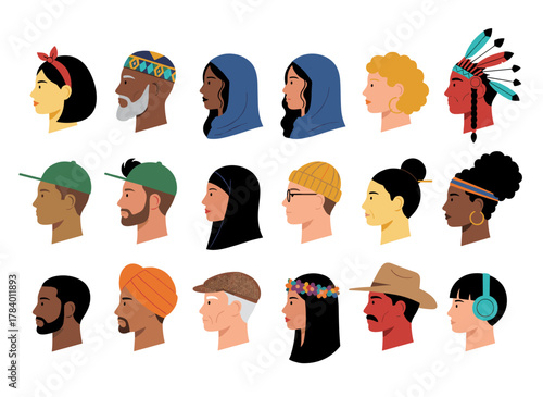 A set of flat‑style vector avatars featuring male and female cartoon characters’ profile heads with diverse hairstyles and accessories, each isolated on a white background