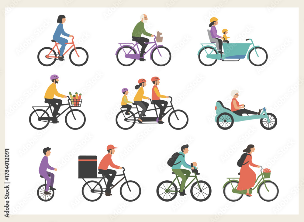 Fototapeta premium A colorful vector illustration featuring cartoon men, women, and children riding various bicycles—city, BMX, hybrid, chopper, cruiser, single‑speed, and fixed‑gear