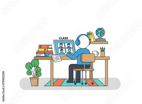 A smiling female student sits at home, studying online on her computer, taking notes as she watches internet courses in a vector illustration