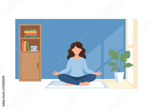 A young woman sits cross‑legged on the floor, eyes closed, meditating while practicing yoga, breathing exercises, relaxation, and spirituality in a flat, colorful cartoon vector illustration