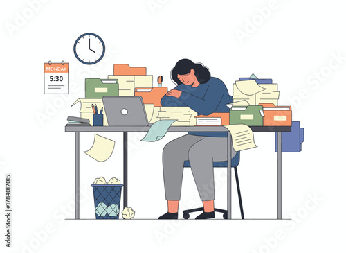 A busy female office worker or clerk sits at her desk, surrounded by piles of documents, working overtime on the day before a deadline, depicted in a colorful flat cartoon vector illustration
