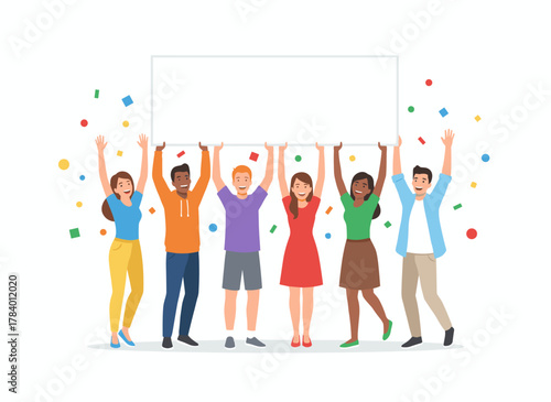 A colorful flat cartoon vector illustration of a group of young men and women standing together, holding a blank banner, participating in a parade or rally as male and female protesters or activists