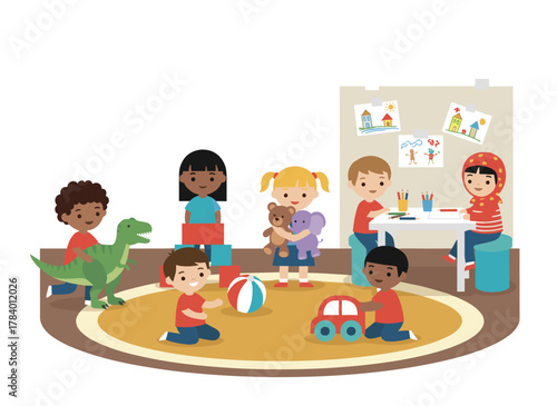 A cheerful child enjoys various toys and cubes in a kindergarten interior vector flat illustration, while smiling boys and girls spend time in a playroom, and joyful babies are seen at a day nursery
