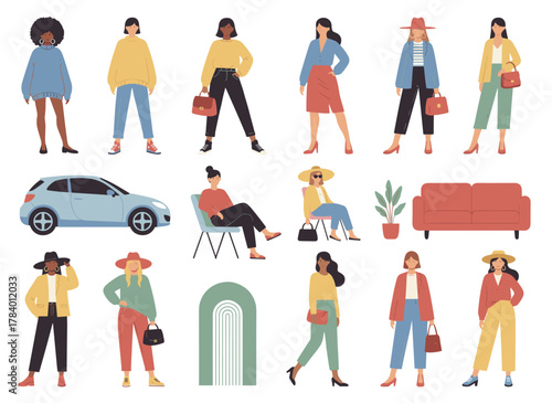 A stylish African American woman builder in a trendy girl design set, portrayed in various poses with different hairstyles, facial expressions, limbs, clothing, and accessories, shown from front