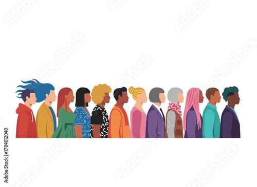 A colorful flat vector illustration shows a diverse group of young modern men and women, standing in a row and communicating, set against a white background
