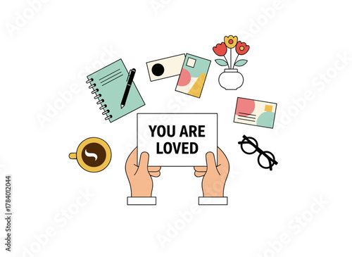 Hands hold a handwritten sheet, depicting the concept of mailing a letter to your future self, illustrated as a colorful flat cartoon vector