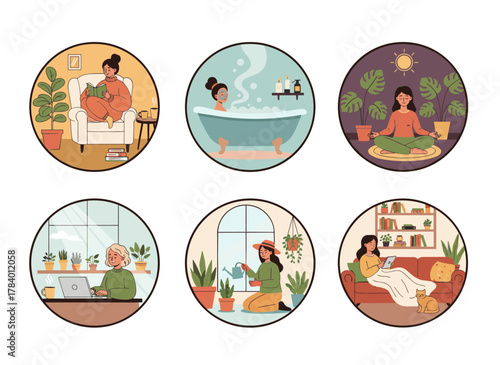 Flat cartoon vector illustration of women enjoying their free time, engaging in hobbies like gardening, meditation, bathing, reading, and cooking