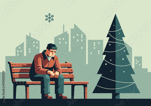 Lonely man on park bench by christmas tree in urban winter scene with geometric style