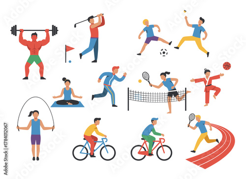 A set of cheerful, humorous men and women engaging in diverse sports, depicted as a group of joyful athletes against a white backdrop in a flat cartoon vector style