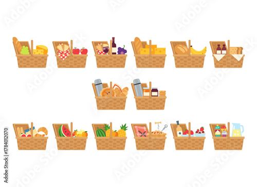 A set of picnic baskets brimming with tasty meals and snacks for outdoor feasting, displayed as a bundle of hampers for food storage against a white background, rendered in a vibrant flat cartoon