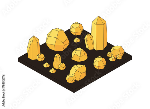 A collection of solitary gold mine nuggets and rocks, stacked piles of golden gemstones, naturally shaped solid jewels, large and small sparkling gemstone crystals, depicted in a colored flat vector