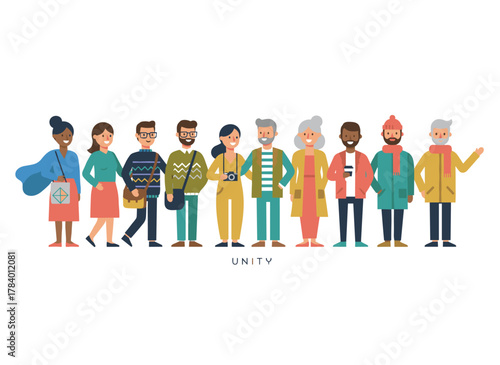 A flat vector illustration of a diverse group of friendly men and women of all ages standing together on a white background, showcasing happy characters from old to young and celebrating social