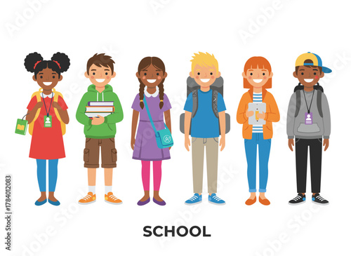 A flat cartoon vector illustration of a group of smiling, happy children or pupils standing together on a white background, featuring teenage boys and girls as classmates or friends