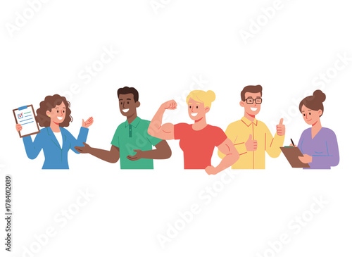 A set of flat vector illustrations featuring confident people: a presentation woman, a college student, a successful businesswoman, a girl celebrating victory, a flirting man, office workers, and a