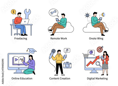 Illustration shows online services and platforms, with small figures emerging from computer and phone screens displaying education, business, entertainment apps, and websites, presented as a flat