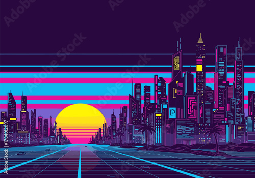 Futuristic neon cityscape with sunset and skyscrapers in retro style