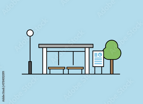 A vector illustration featuring a bus stop, street light, public transport timetable or information board, sign, and trees set against a sky with clouds, all rendered with monochrome contour lines