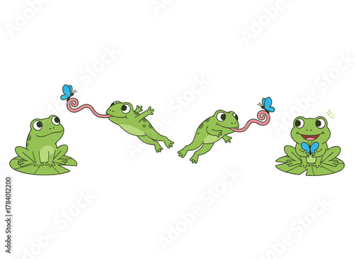 A collection of colorful, cute cartoon amphibians featuring a sad, hungry frog smiling while resting and hunting, isolated on a white background, and a funny toad jumping to catch a butterfly with