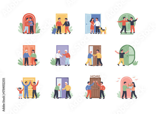 A cheerful group of a man, woman, and child exiting an open door with bags for holiday, study, work, or school, depicted as a flat vector illustration on a white background