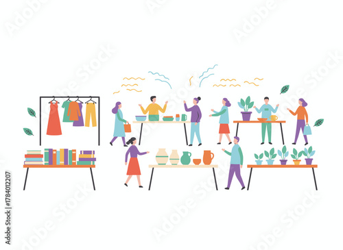 A flat vector illustration of a flea market with faceless sellers and customers, depicting rag fair items, a swap meet, cheap junk, bargains, and a bazaar of fashion designers