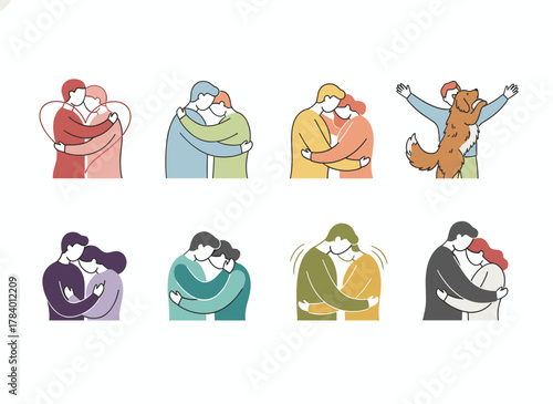 A set of cartoon pairs embracing or cuddling—including romantic partners, friends, pets with their owners, and parents with children—depicted as isolated characters on a white background in vector