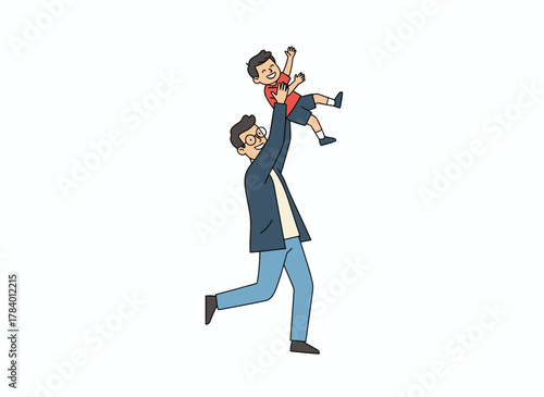 Bearded man cradling a young boy, smiling father holding his son, joyful dad playing with his little child, happy family, adorable cartoon characters set against a white background, vibrant vector