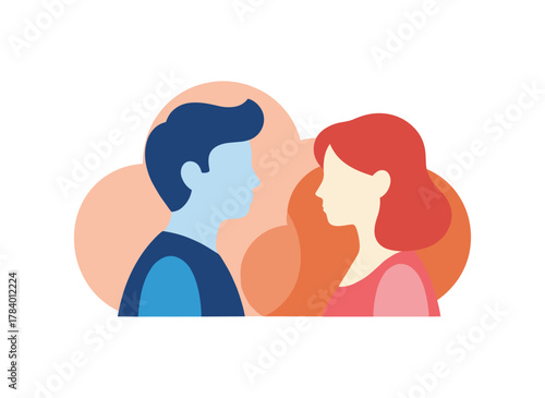 A cheerful, charming couple in love, shown as a young man and woman gazing at each other on a date—boyfriend and girlfriend—in a flat vector illustration for Valentine’s Day