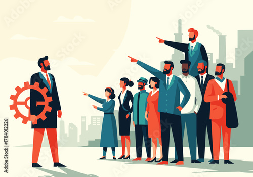 Leadership challenges: group pointing at businessman with gear in urban setting