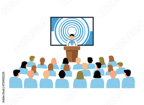 Doctors are listening to a scientist's lecture at a medical conference, illustrated in a colored flat cartoon vector of a speaker presenting scientific research to students