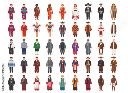 A group of men and women in diverse national folk costumes, set against a white background, depicted as a colorful flat cartoon vector illustration