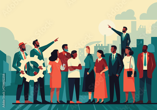 Diverse urban workforce collaborating in modern city setting