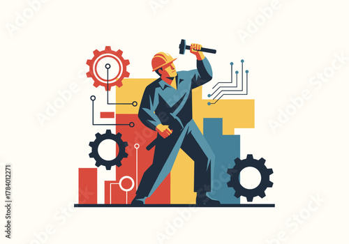 Industrial worker with tools and geometric engineering elements in retro style