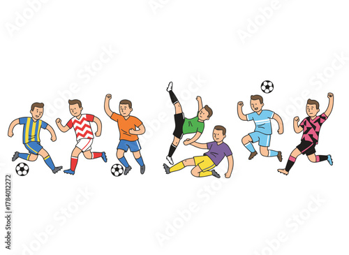 A flat vector illustration on a white background shows a group of soccer players in motion, running with the ball, kicking and striking it with their feet