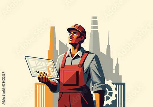 Engineer with digital tablet overlooks cityscape in retro style