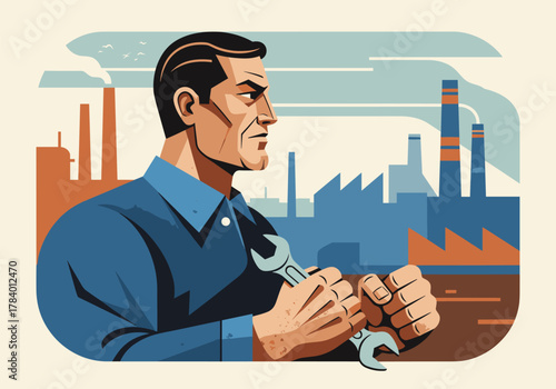 Retro style mechanic holding wrench with industrial factory background