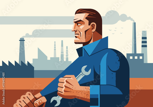 Determined worker holding a tool with industrial factory background in retro style