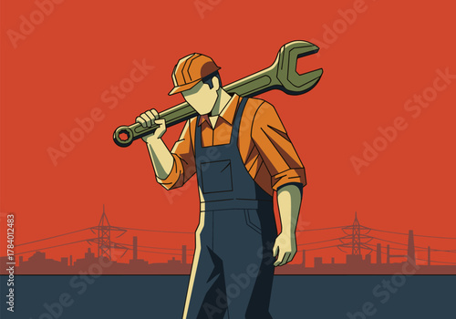 Worker with giant wrench and cityscape: bold retro style