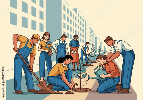 Community volunteers planting trees in urban environment
