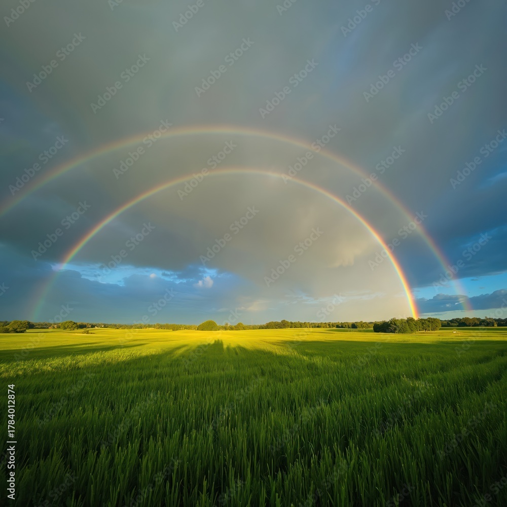 Naklejka premium Double rainbow arches over a green field after rain. Sun shines through clouds on horizon. Nature beauty displays vibrant colors across the sky, marking end of storm.