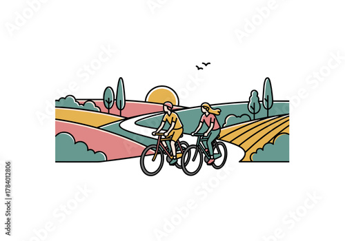 Cyclists enjoying a scenic countryside ride at sunset