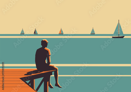 Sunset silhouette of person sitting on dock overlooking sailboats on calm ocean
