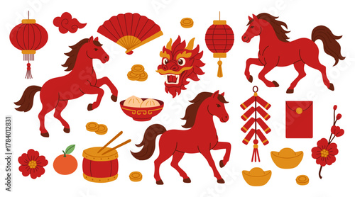 A collection of Chinese symbols and images, including a dragon, a horse, and a lantern. Scene is celebratory and festive, likely representing a Chinese New Year celebration
