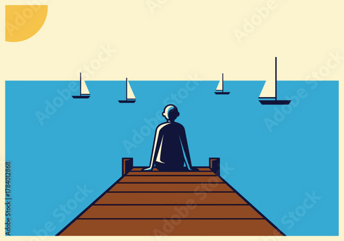 Serene summer scene with person on pier overlooking sailboats and sea